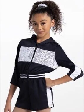 Weissman Black & White Zip Front Hoodie Romper w/ sequins Dance Costume (girls)